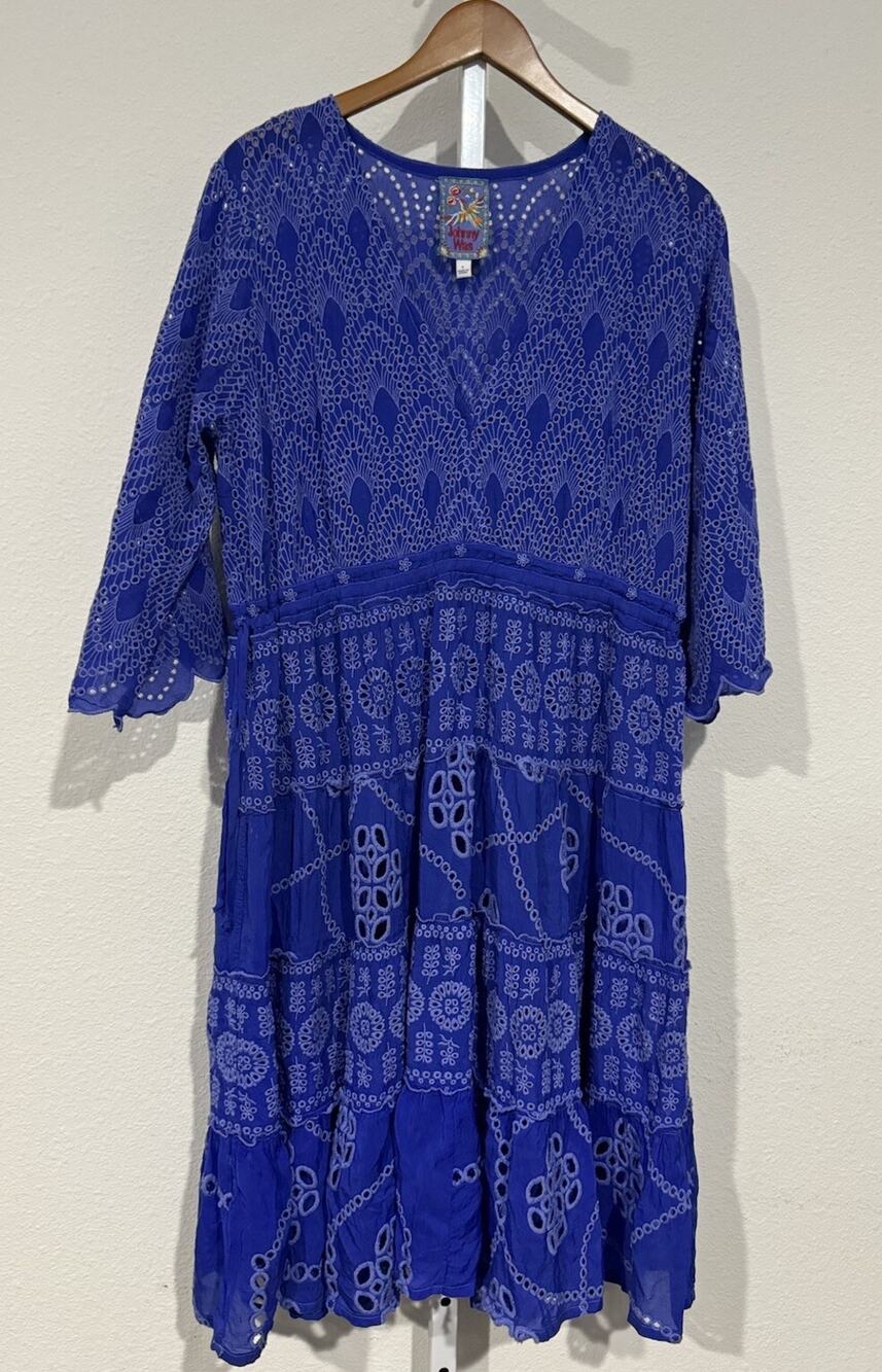 Johnny Was Bluebelle Dress Blue Boho Embroidered Eyelet Bell Sleeves Sz L